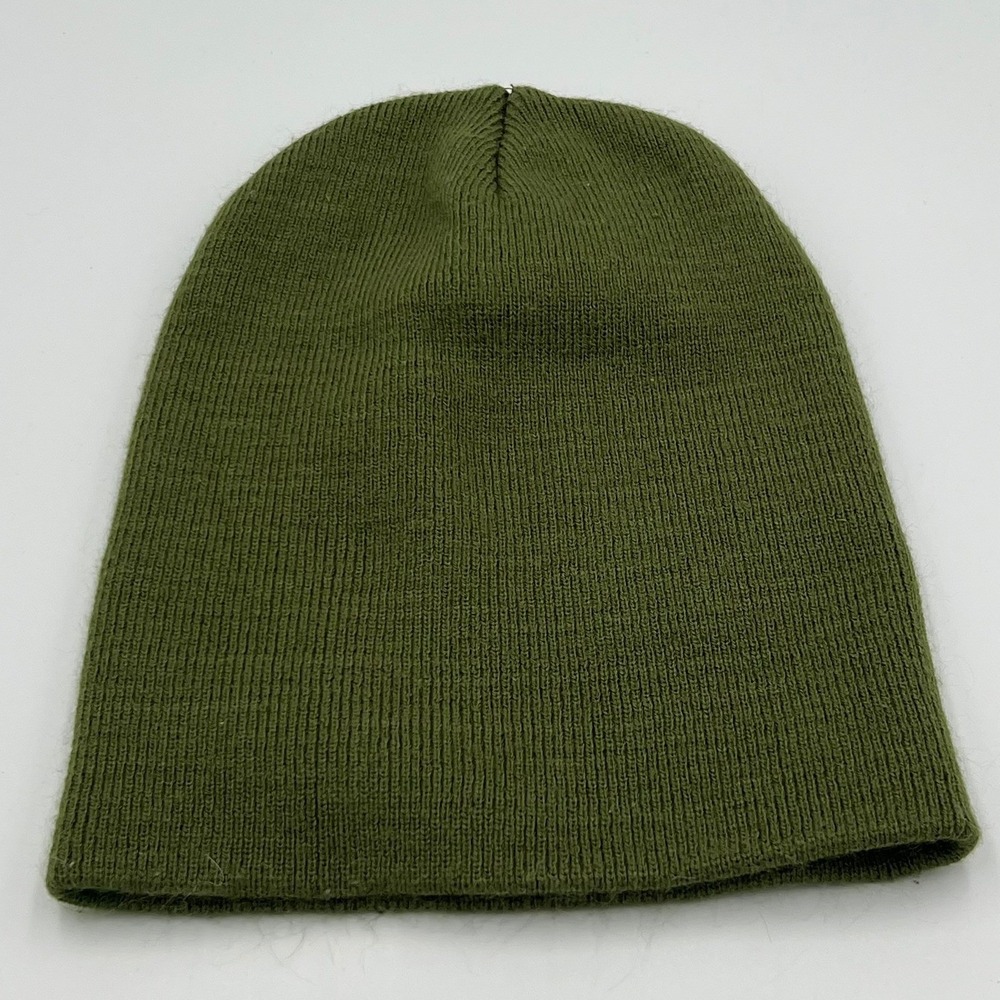 Knit Beanie Hat Unisex OS Olive Green Very Good Acrylic Ribbed - Picture 2 of 5